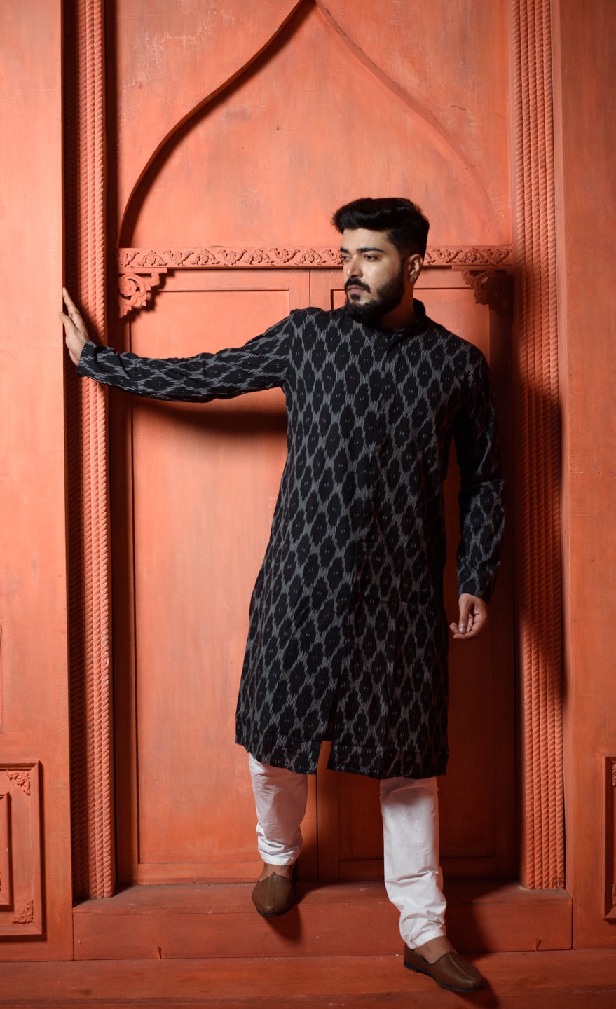 Ikat | Elegance Black Cotton Ikat Men's | Mandarin Collar Kurta