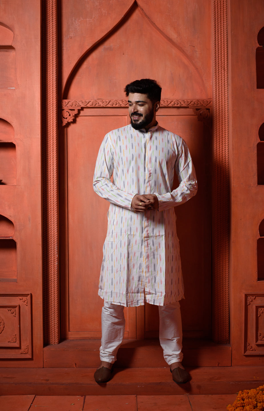 Ikat | Elegance White Cotton Ikat Men's | Mandarin Collar Kurta