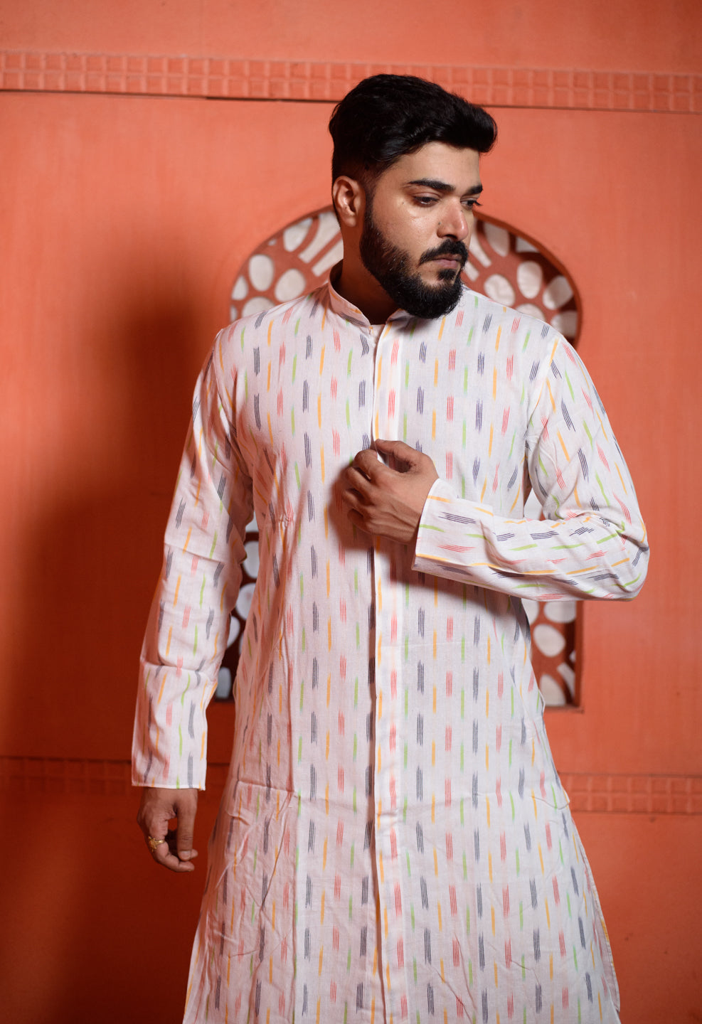 Ikat | Elegance White Cotton Ikat Men's | Mandarin Collar Kurta