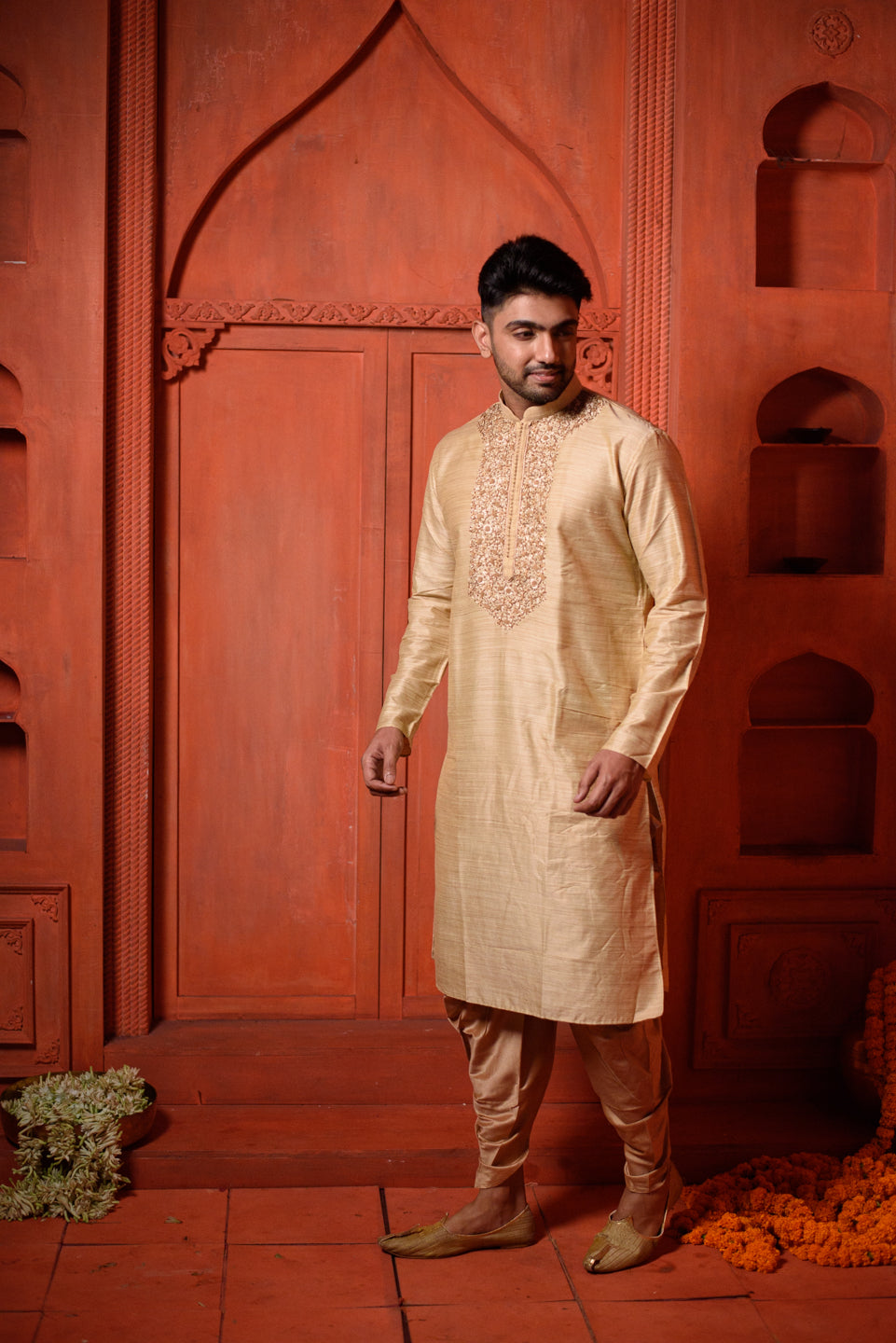 Oxiflora | Traditional Cream Color Cotton Men's  | Mandarin Collar Kurta