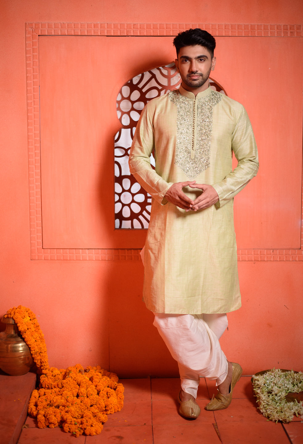 Celadon | Traditional Pista Color Cotton Men's  | Mandarin Collar Kurta