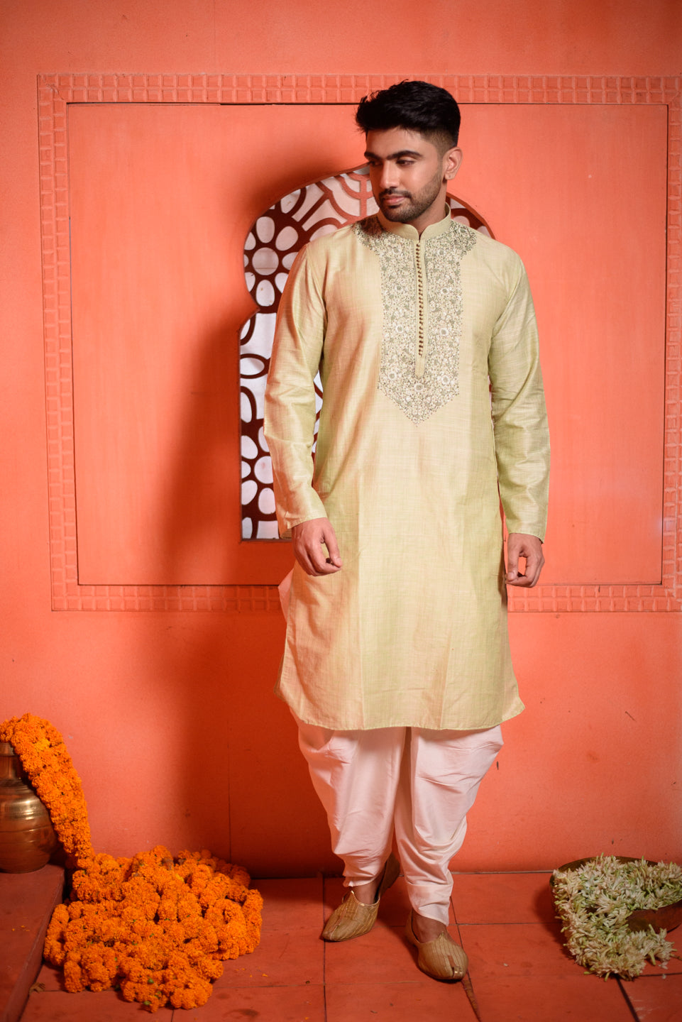 Celadon | Traditional Pista Color Cotton Men's  | Mandarin Collar Kurta