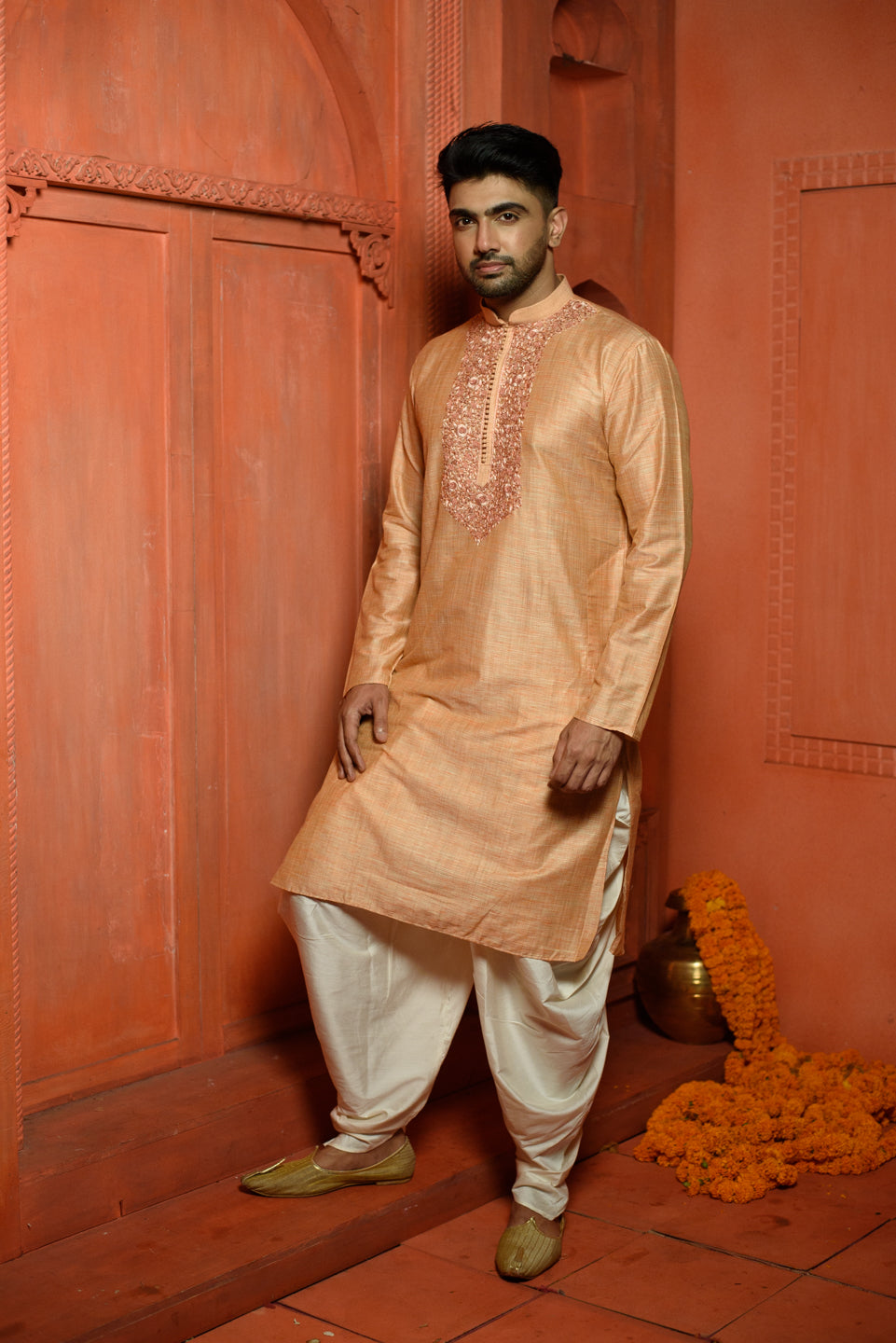 Ixora | Traditional Red Color Cotton Men's  | Mandarin Collar Kurta