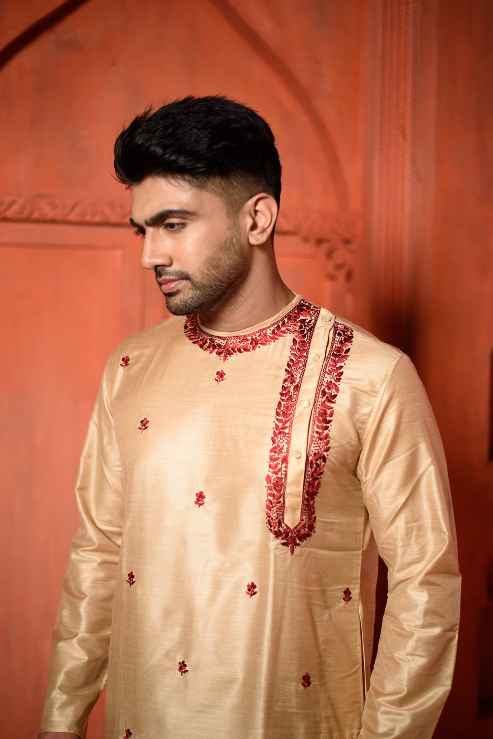 Gold Leaf | Traditional Gold Color Cotton Men's  | Mandarin Collar Kurta