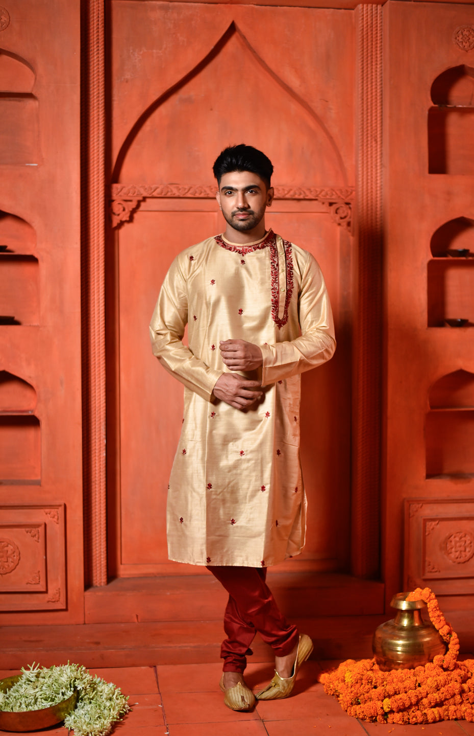 Gold Leaf | Traditional Gold Color Cotton Men's  | Mandarin Collar Kurta