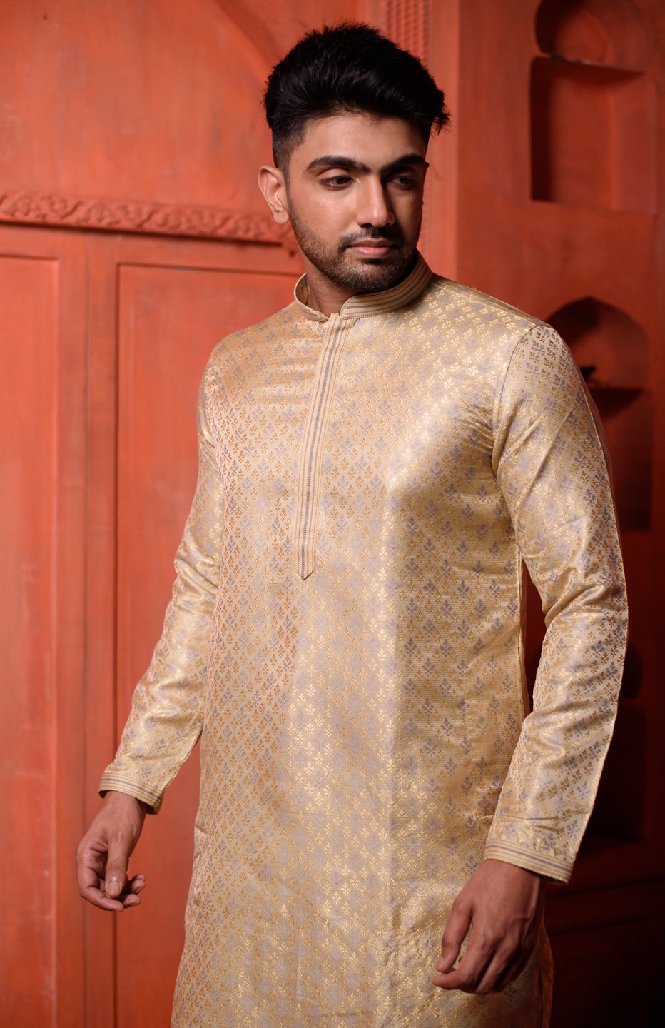 Howlite  | Elegance Cream Jacquard Men's  | Mandarin Collar Kurta