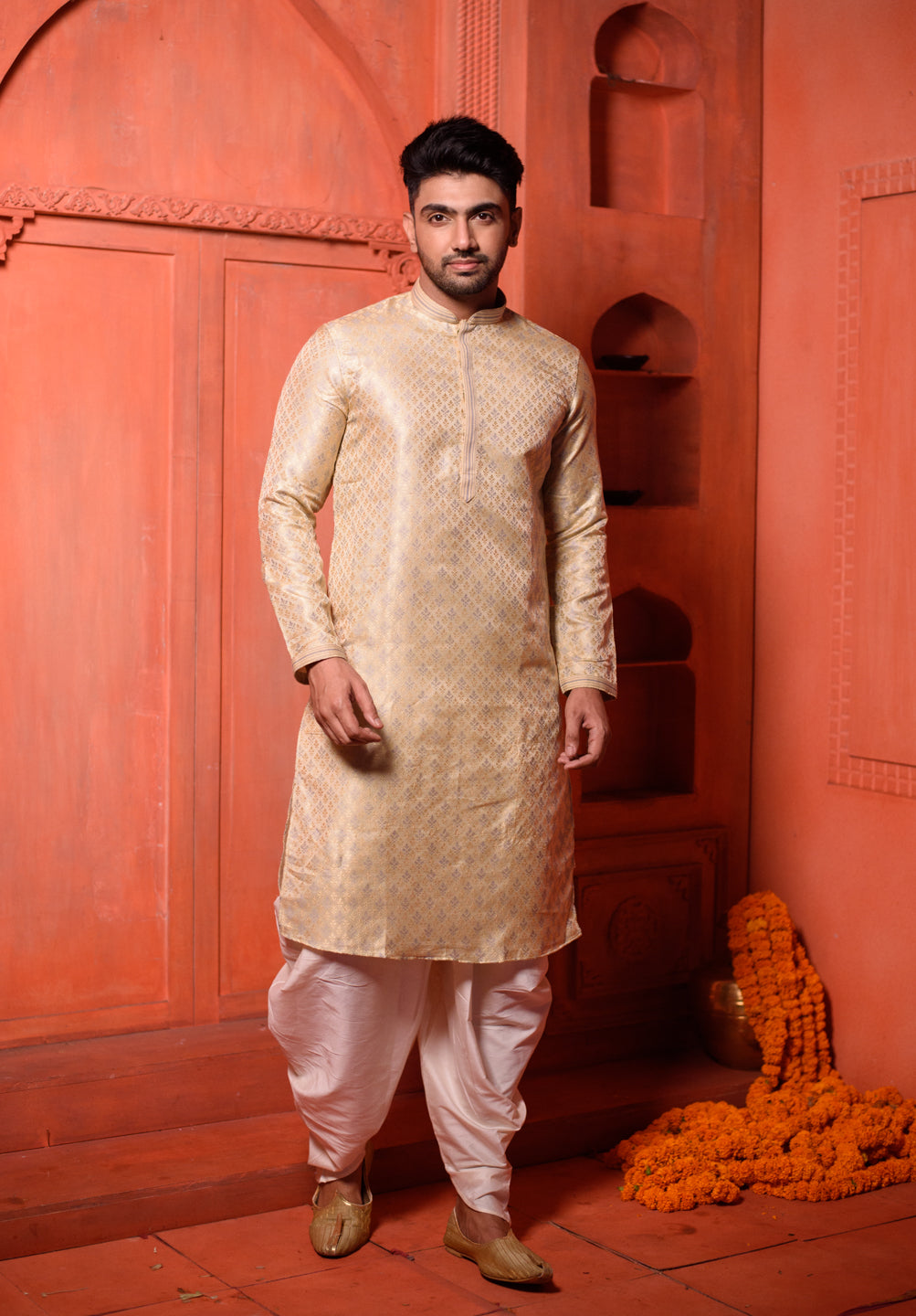 Howlite  | Elegance Cream Jacquard Men's  | Mandarin Collar Kurta