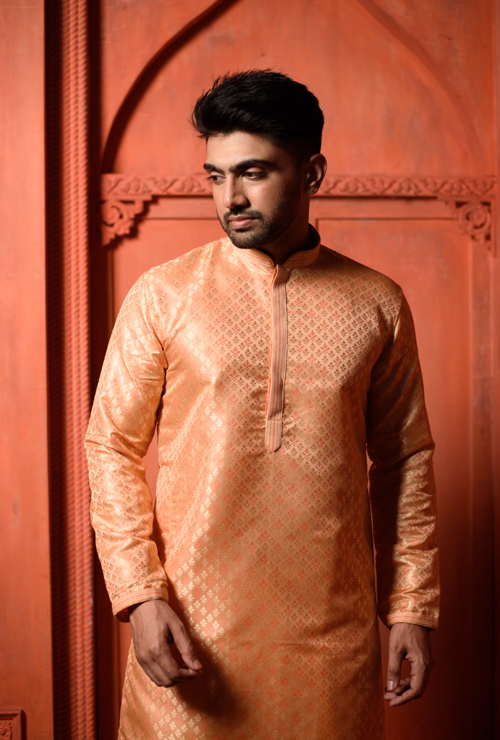 Coral  | Elegance Orange Jacquard Men's  | Mandarin Collar Kurta