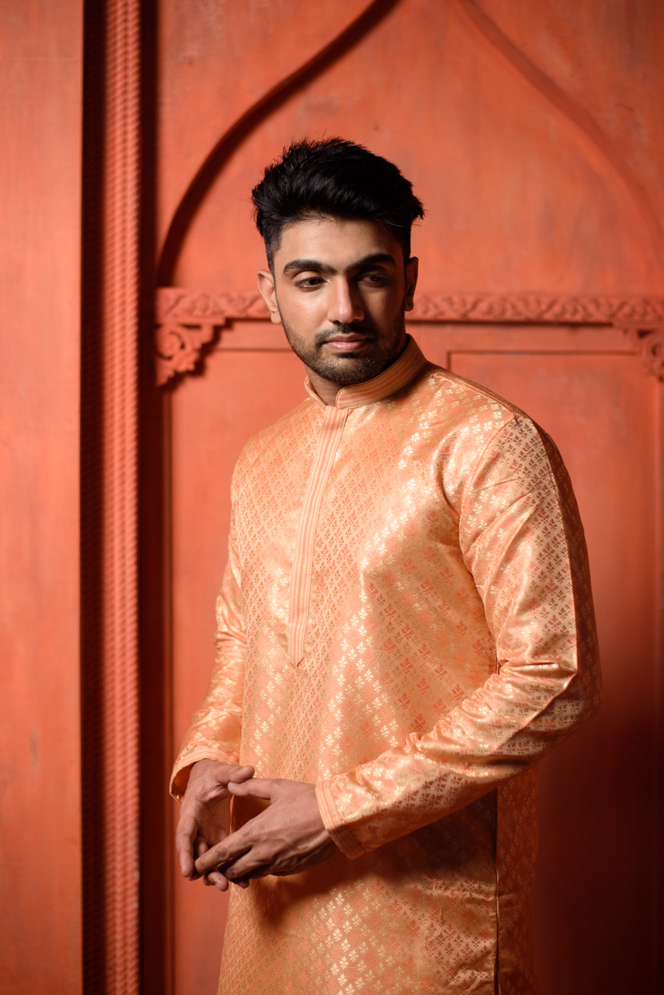 Coral  | Elegance Orange Jacquard Men's  | Mandarin Collar Kurta