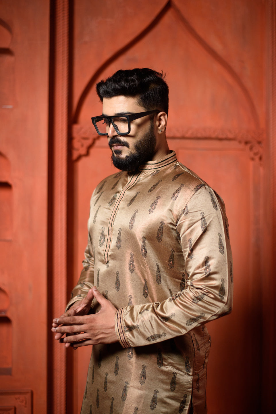 Cuprum  | Elegance Copper Jacquard Men's  | Mandarin Collar Kurta