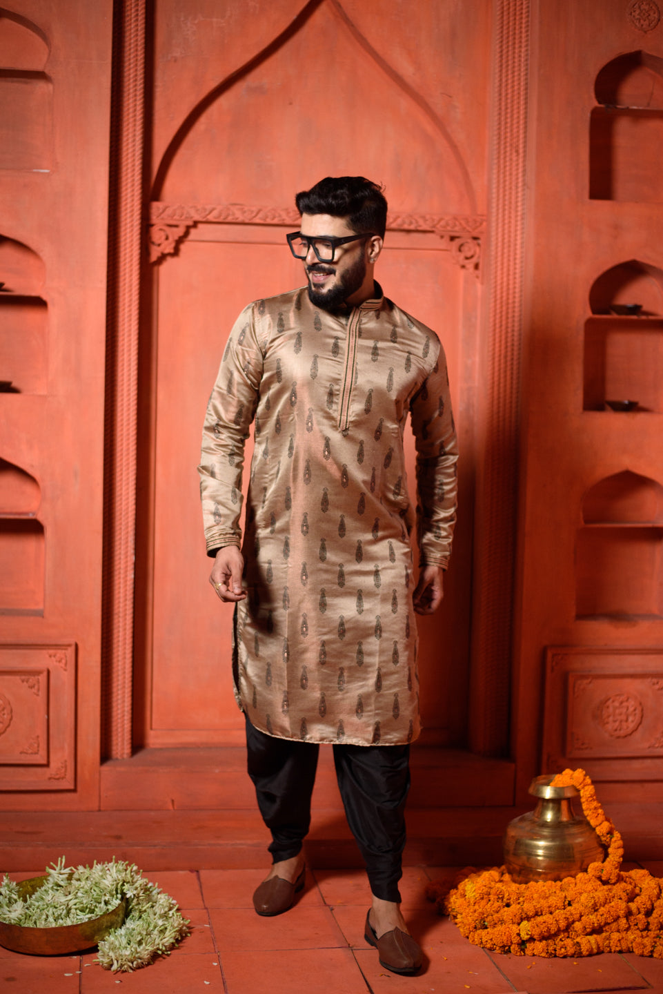 Cuprum  | Elegance Copper Jacquard Men's  | Mandarin Collar Kurta