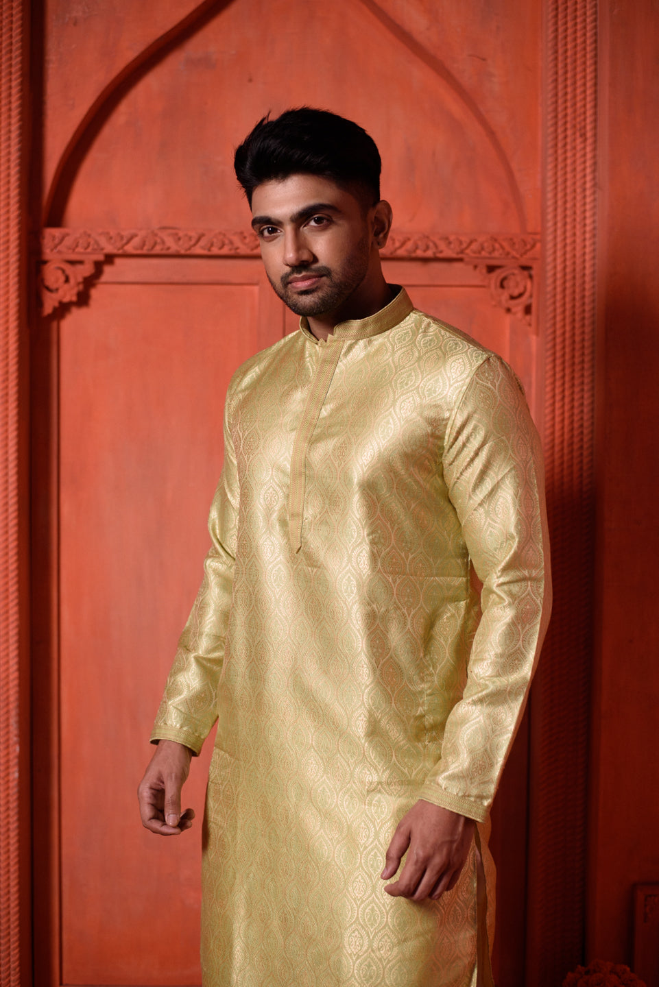 Peridot | Elegance Green Jacquard Men's  | Mandarin Collar Kurta