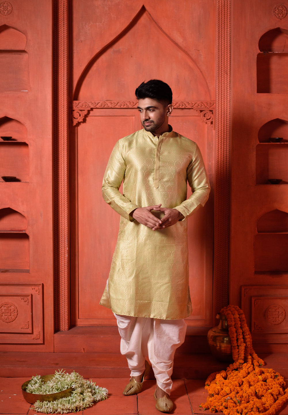 Peridot | Elegance Green Jacquard Men's  | Mandarin Collar Kurta