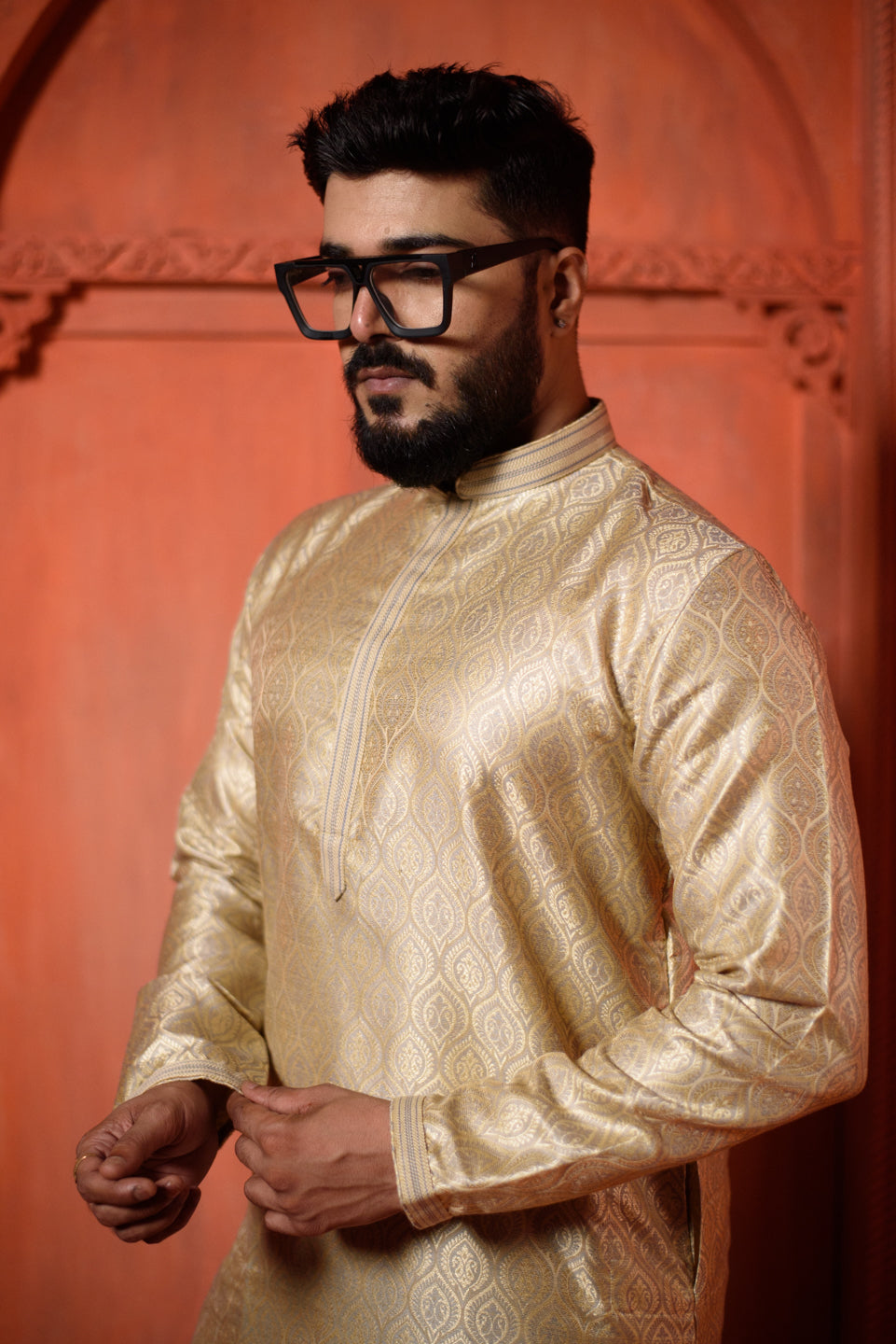 Obsidian   | Elegance Grey Jacquard Men's  | Mandarin Collar Kurta