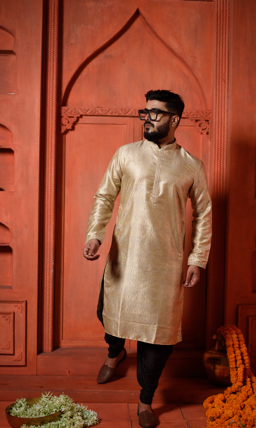 Obsidian   | Elegance Grey Jacquard Men's  | Mandarin Collar Kurta