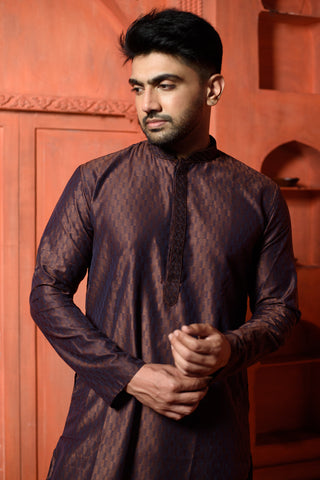 Bronzite  | Elegance Brown Jacquard Men's  | Mandarin Collar Kurta