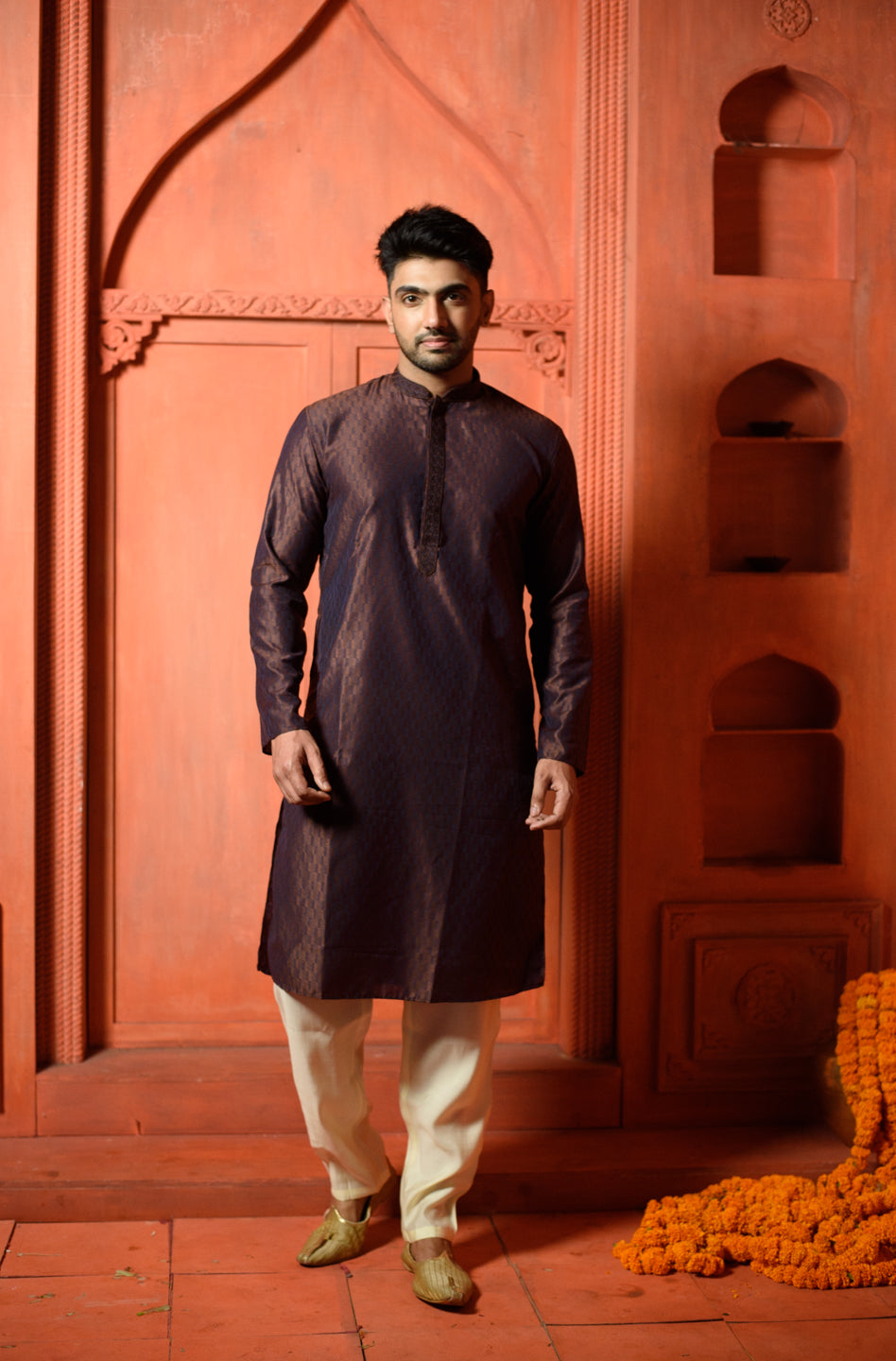 Bronzite  | Elegance Brown Jacquard Men's  | Mandarin Collar Kurta