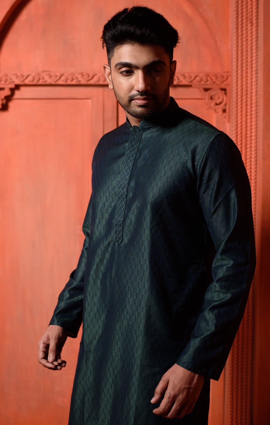 Emeralds  | Elegance Deep Green Jacquard Men's  | Mandarin Collar Kurta