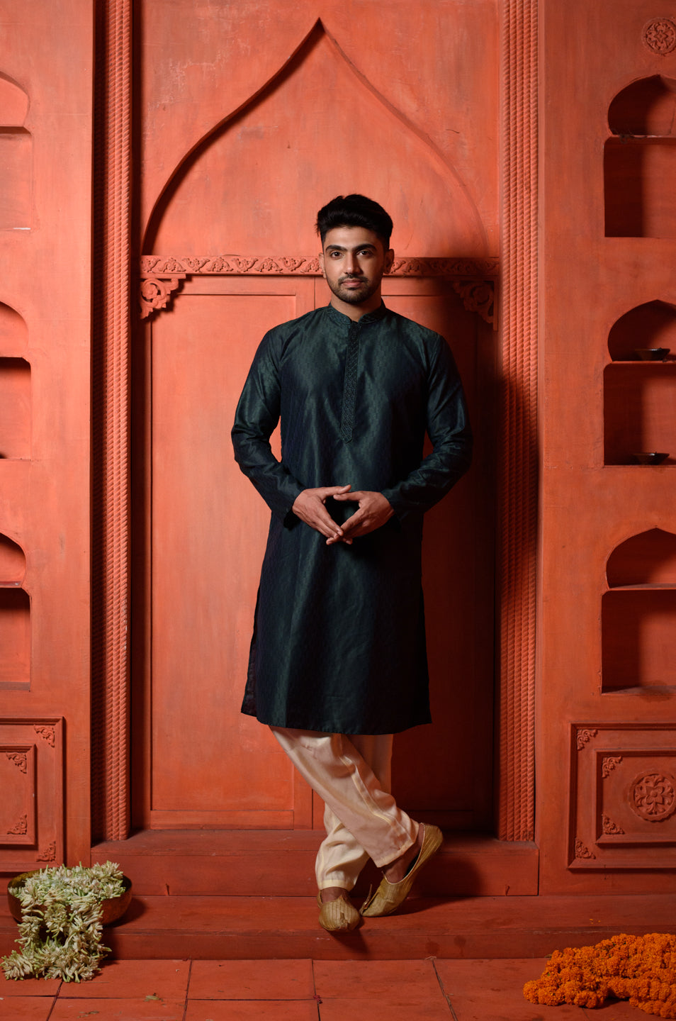 Emeralds  | Elegance Deep Green Jacquard Men's  | Mandarin Collar Kurta