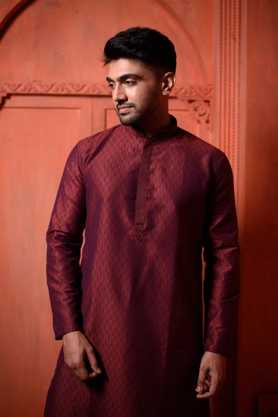 Tantalite  | Elegance Maroon Jacquard Men's  | Mandarin Collar Kurta