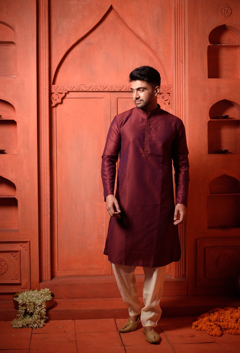 Tantalite  | Elegance Maroon Jacquard Men's  | Mandarin Collar Kurta