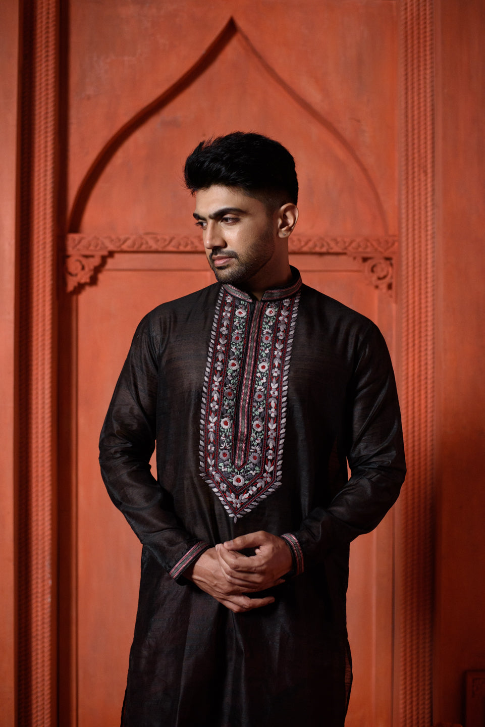 Sirius | Elegant Black Color Silk Men's  | Mandarin Collar Kurta