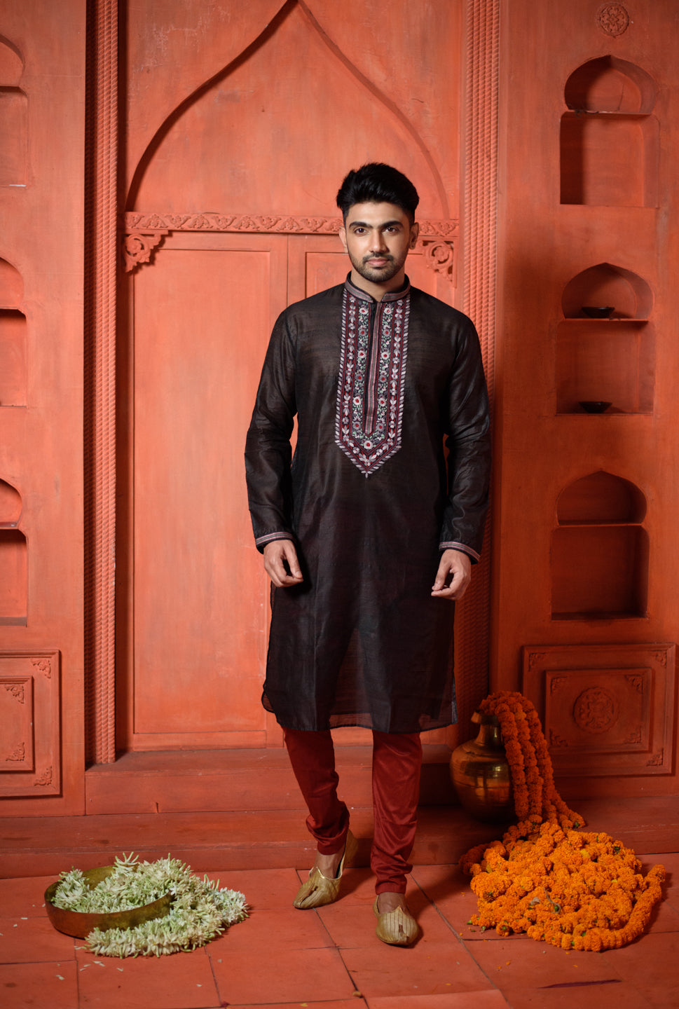 Sirius | Elegant Black Color Silk Men's  | Mandarin Collar Kurta