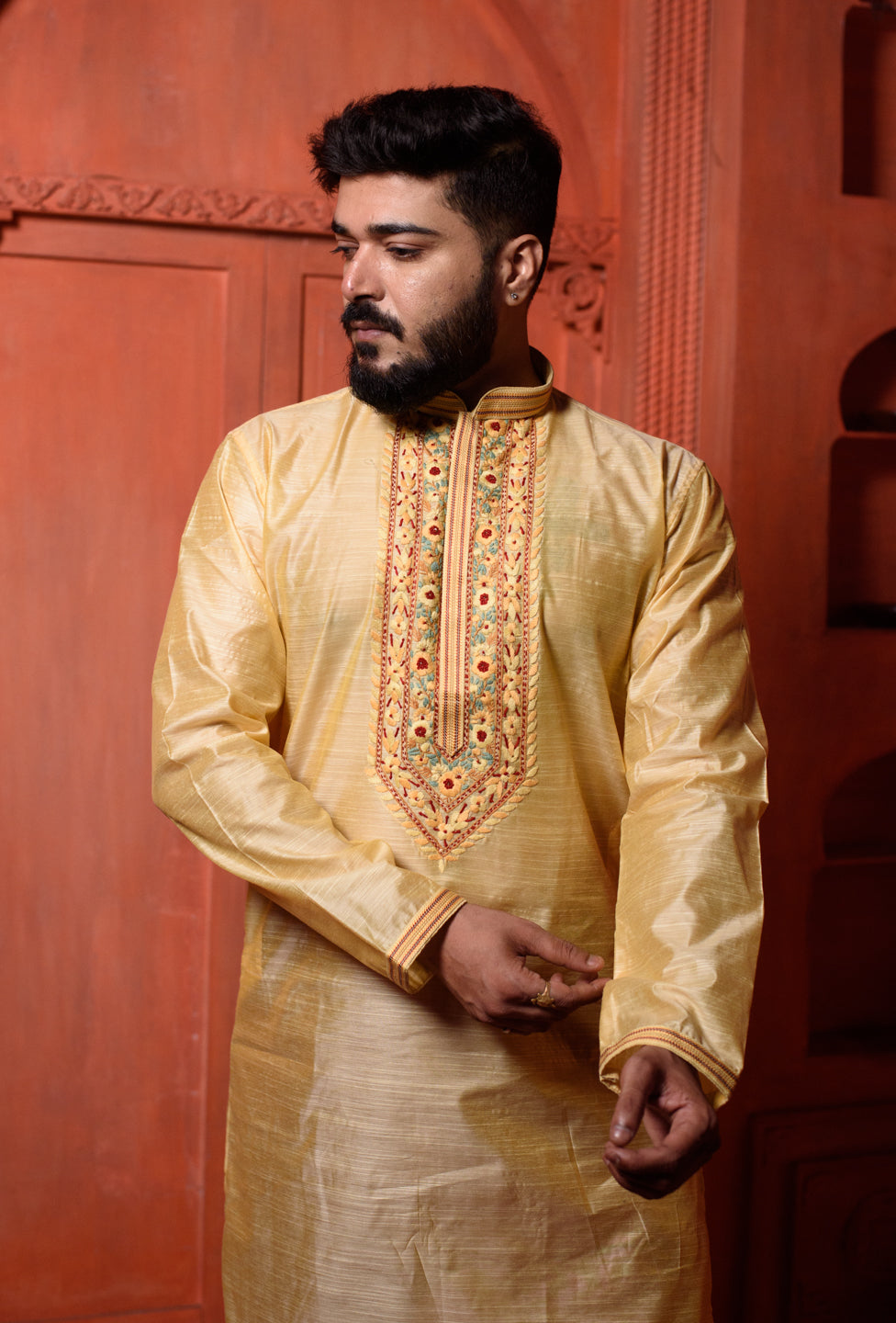 Canopus | Elegant Gold Color Silk Men's  | Mandarin Collar Kurta