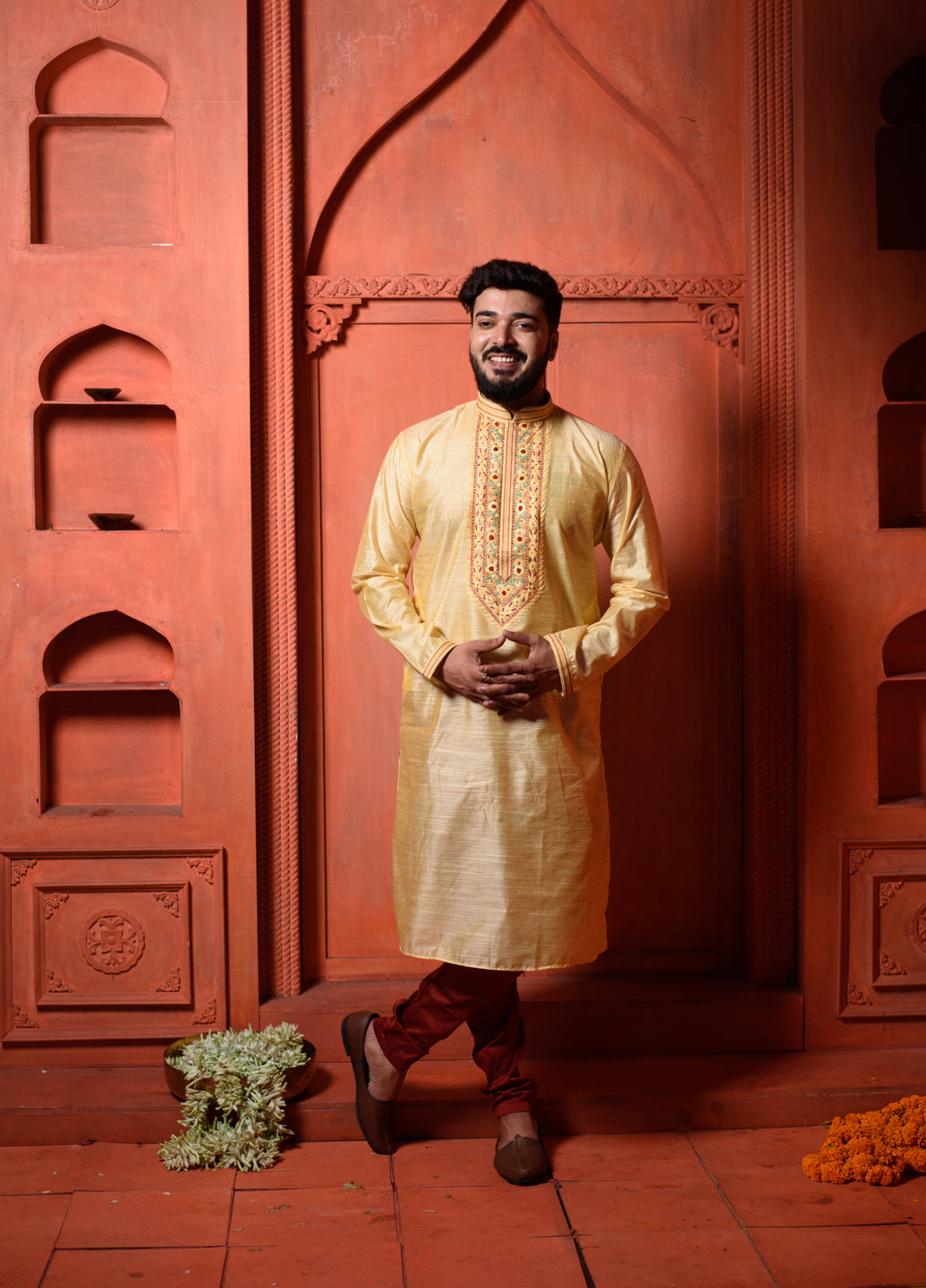 Canopus | Elegant Gold Color Silk Men's  | Mandarin Collar Kurta