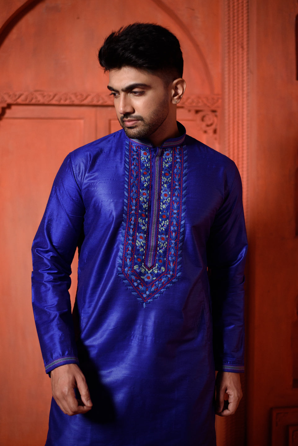 Aquila | Elegant Navy Blue Color Silk Men's  | Mandarin Collar Kurta