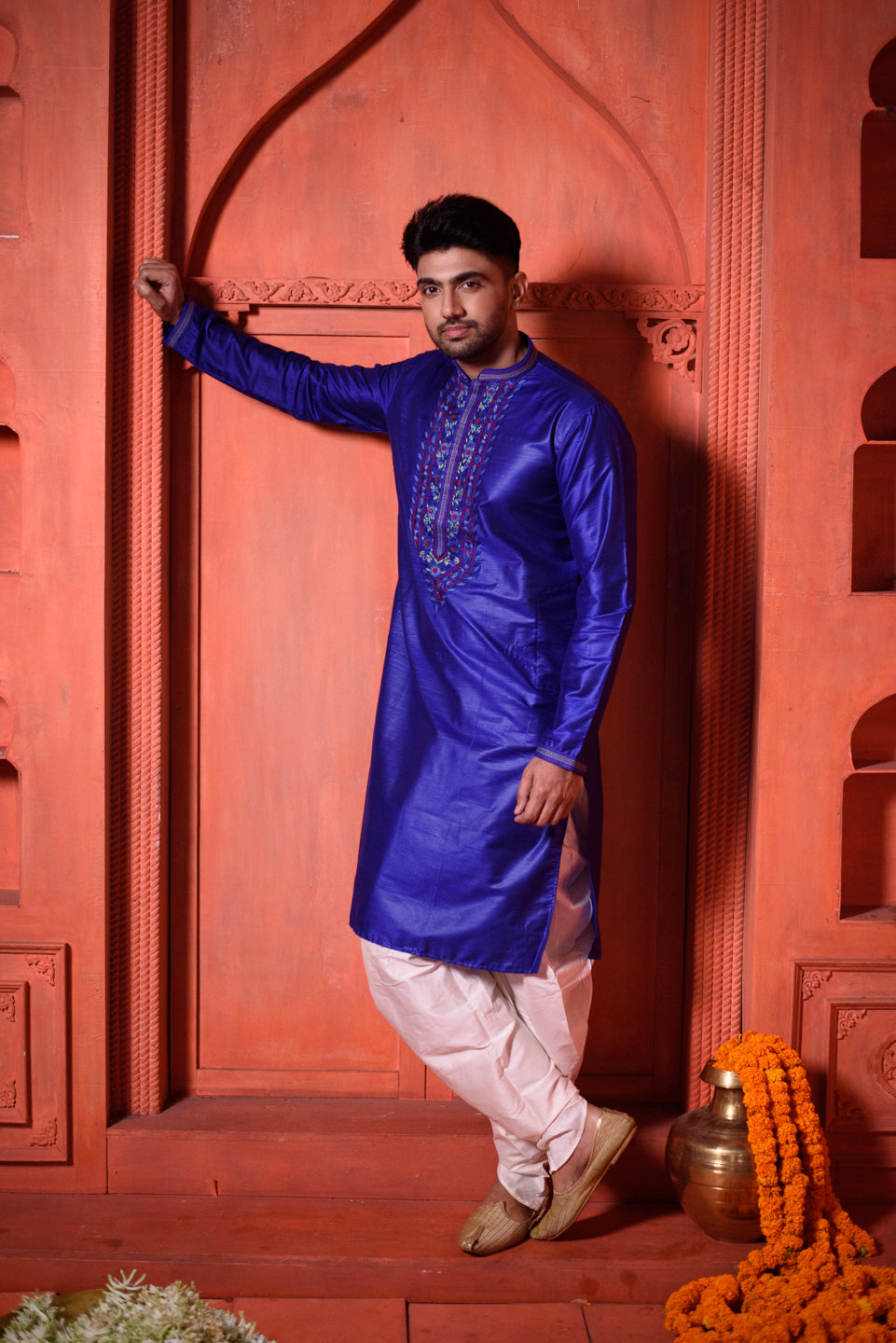 Aquila | Elegant Navy Blue Color Silk Men's  | Mandarin Collar Kurta