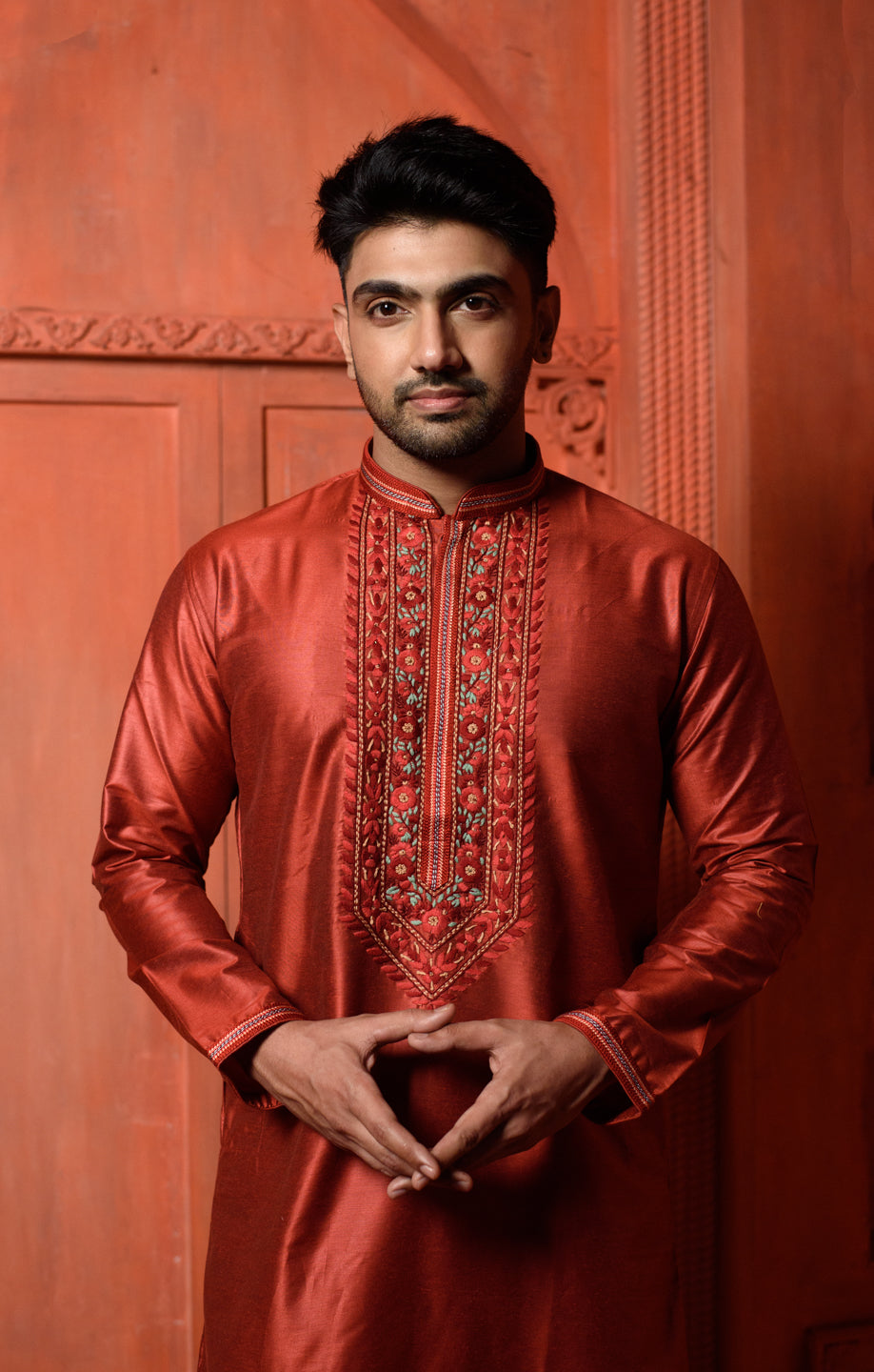 Polestar | Elegant Red Color Silk Men's  | Mandarin Collar Kurta