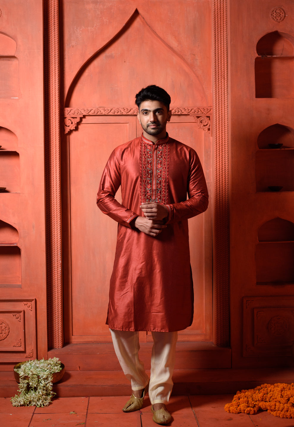 Polestar | Elegant Red Color Silk Men's  | Mandarin Collar Kurta