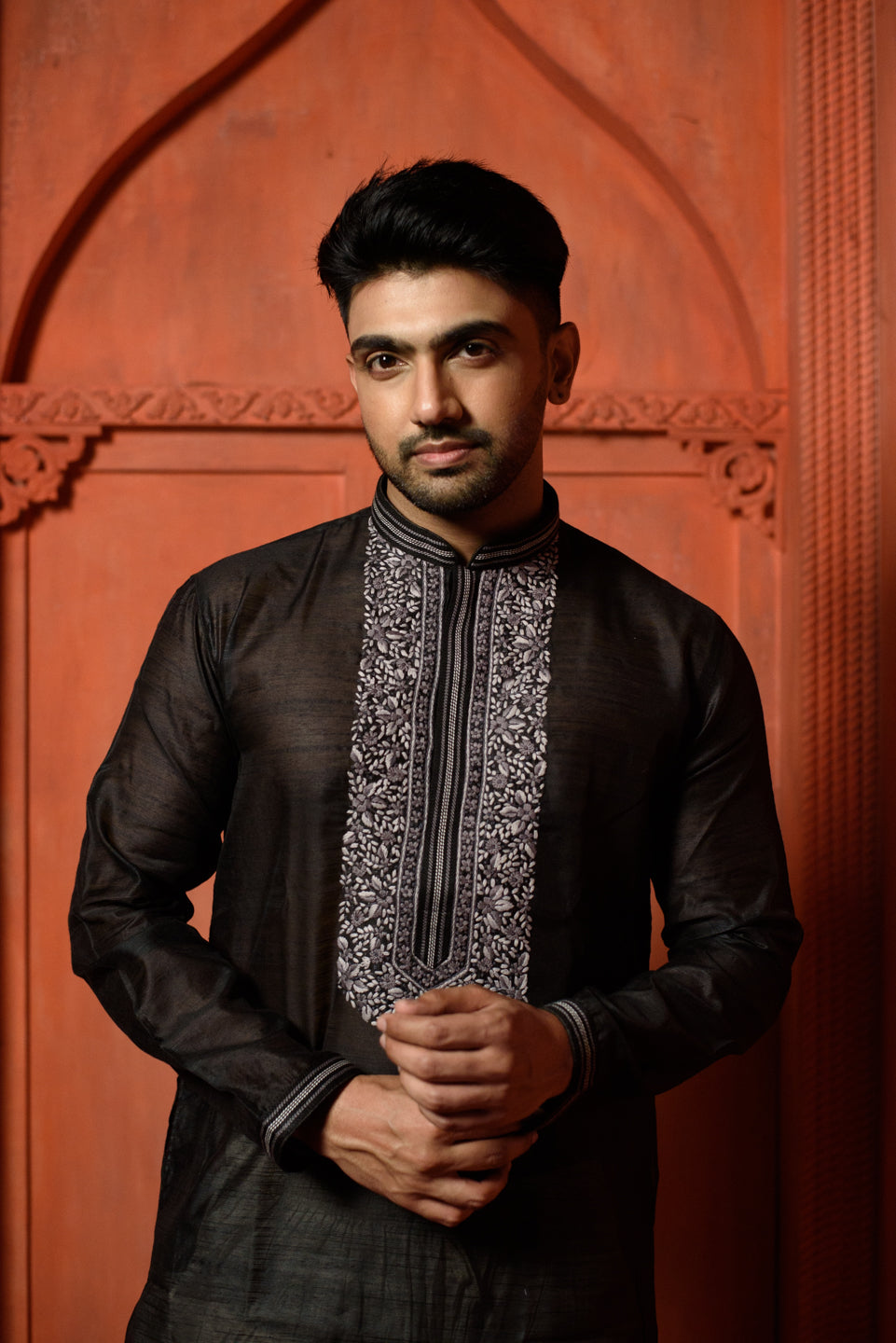 Vega | Elegant Black Color Silk Men's  | Mandarin Collar Kurta