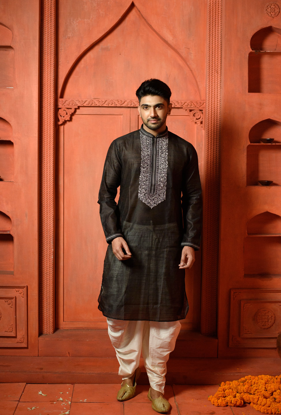 Vega | Elegant Black Color Silk Men's  | Mandarin Collar Kurta