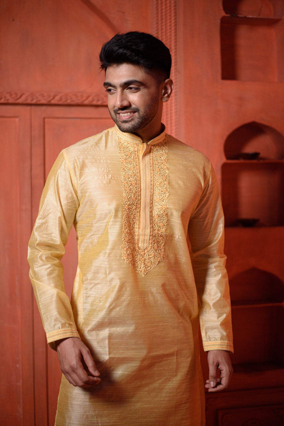 Procyon | Elegant Gold Color Silk Men's  | Mandarin Collar Kurta