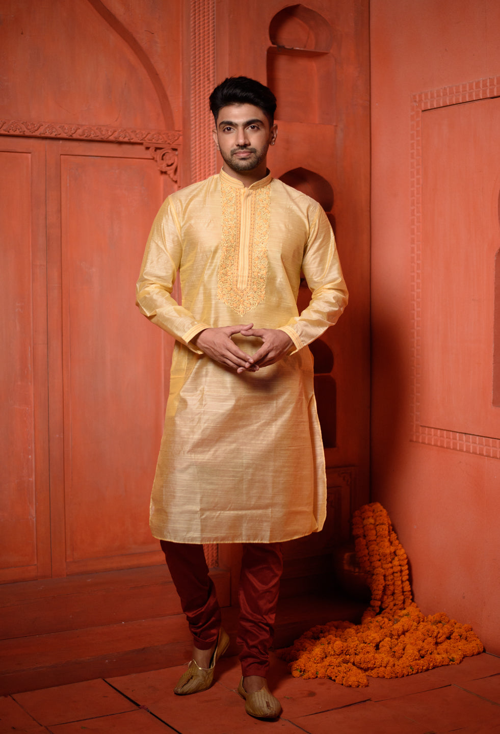 Procyon | Elegant Gold Color Silk Men's  | Mandarin Collar Kurta