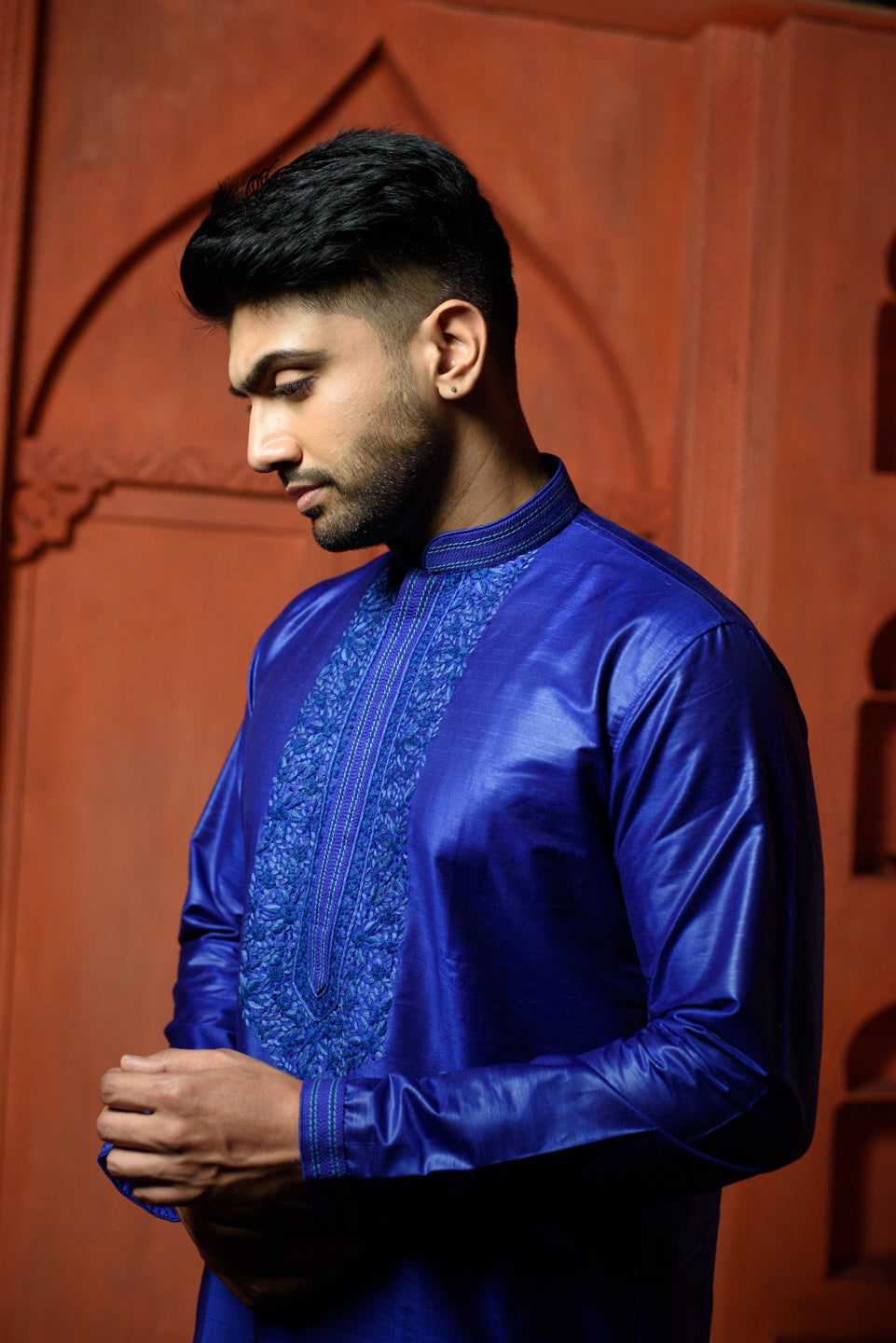 Rigel | Elegant Navy Blue Color Silk Men's  | Mandarin Collar Kurta