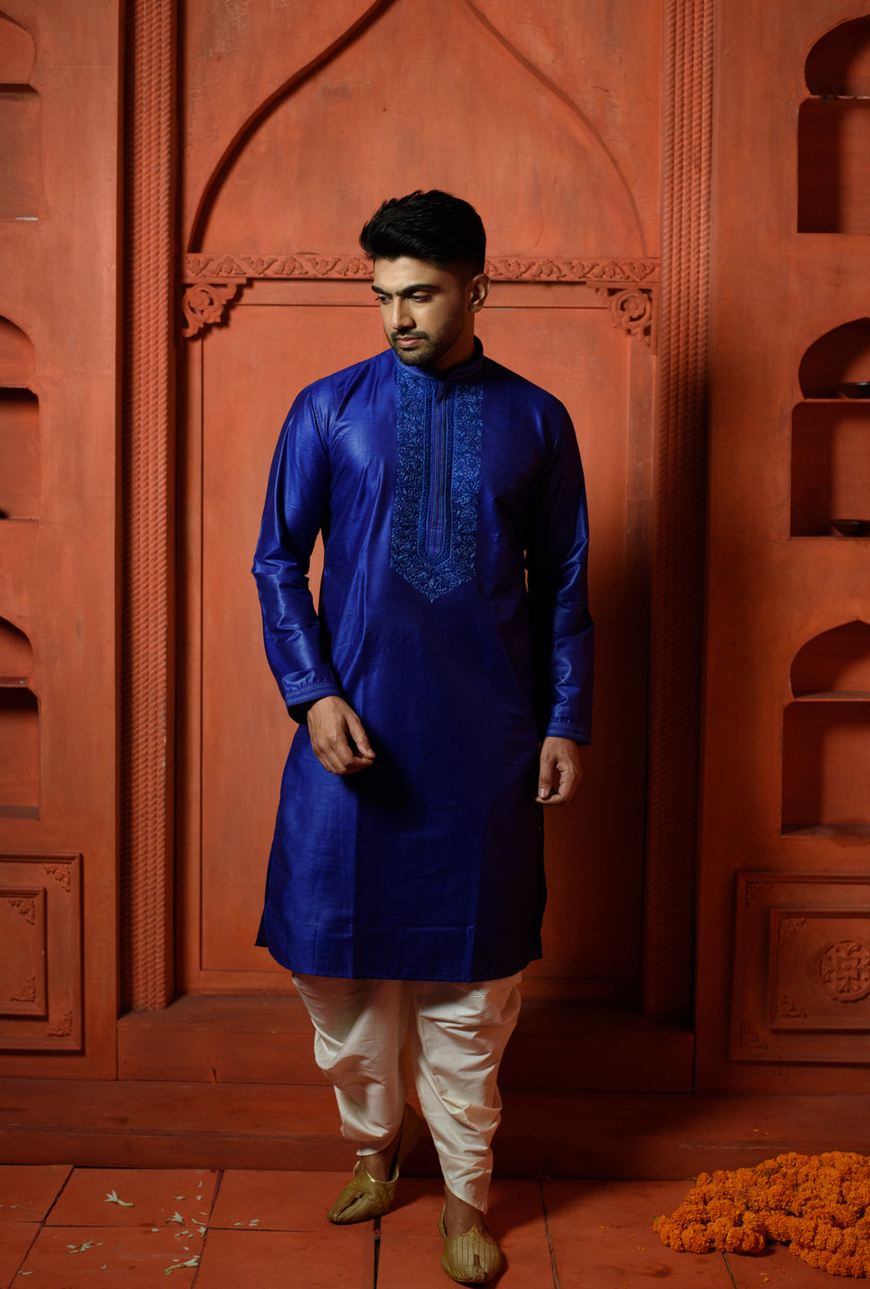 Rigel | Elegant Navy Blue Color Silk Men's  | Mandarin Collar Kurta