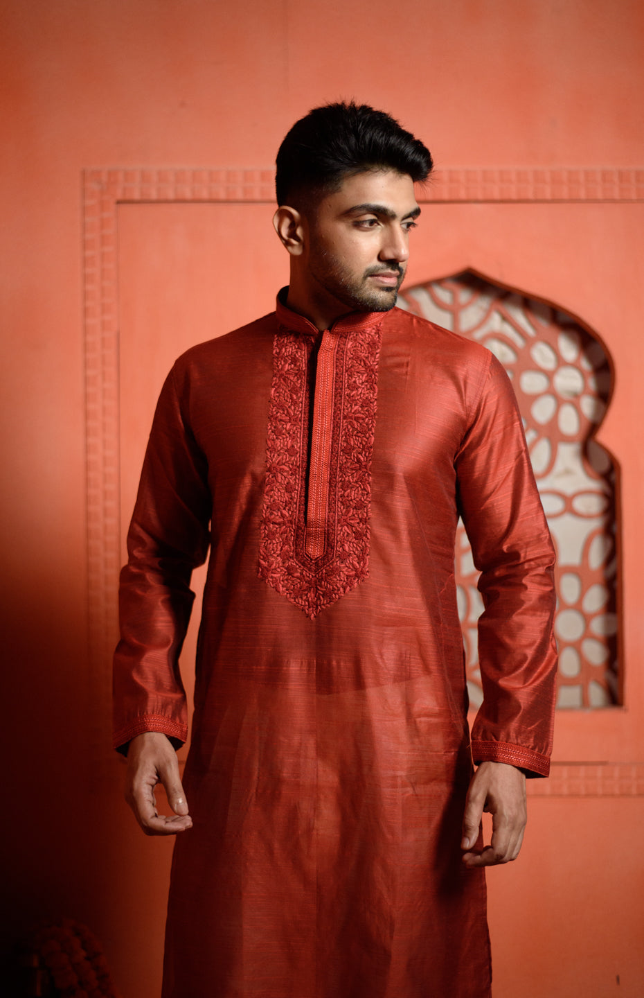 Arcturus | Elegant Red Color Silk Men's  | Mandarin Collar Kurta