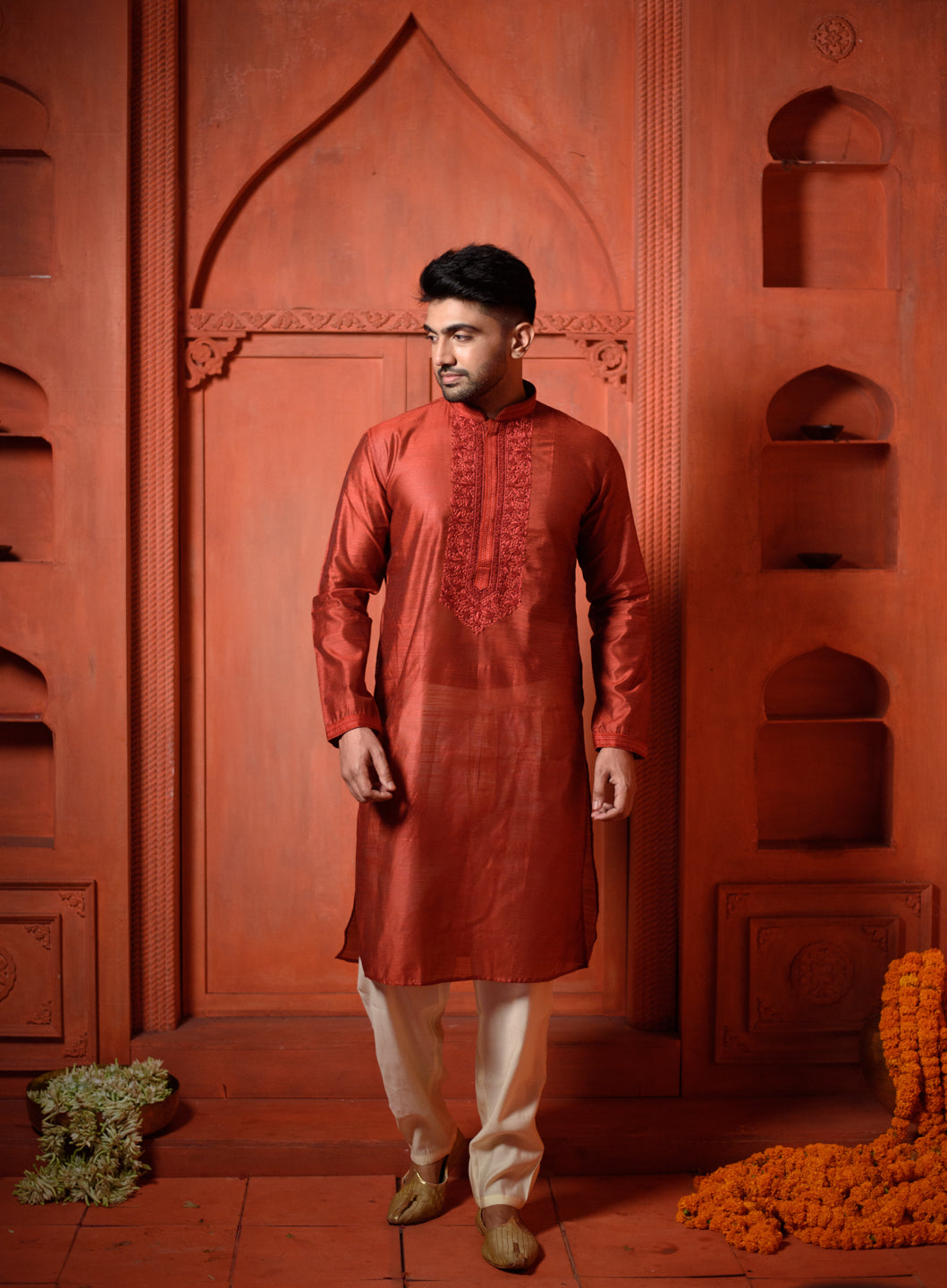 Arcturus | Elegant Red Color Silk Men's  | Mandarin Collar Kurta