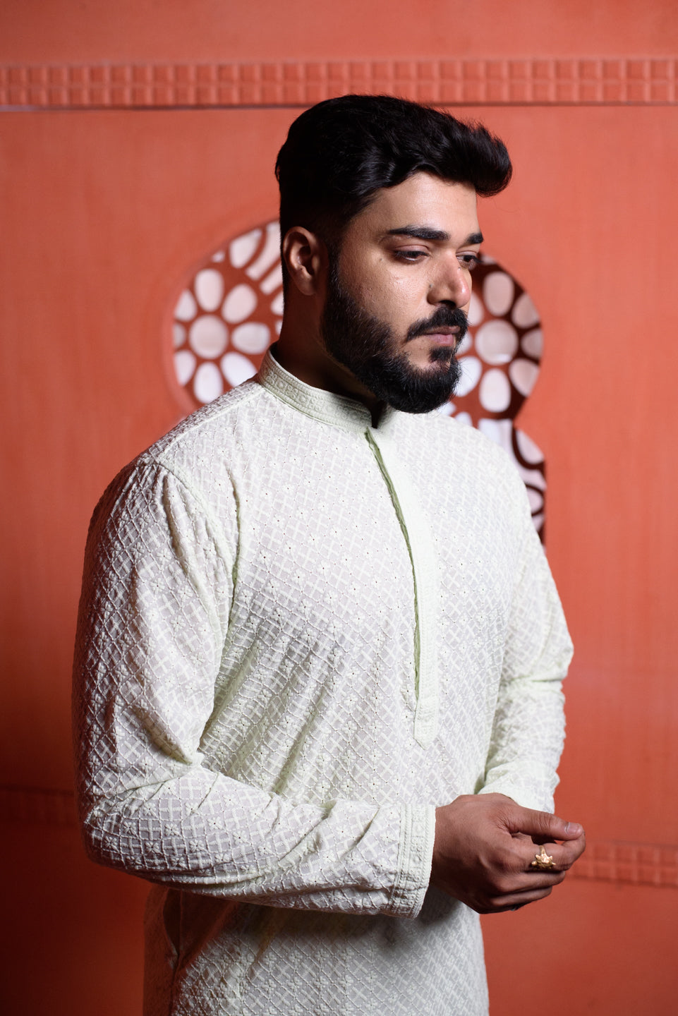 Panna Patta | Mint Green Cotton | Elegance Men's Lakhnavi Chikankari | Mandarin Collar Kurta