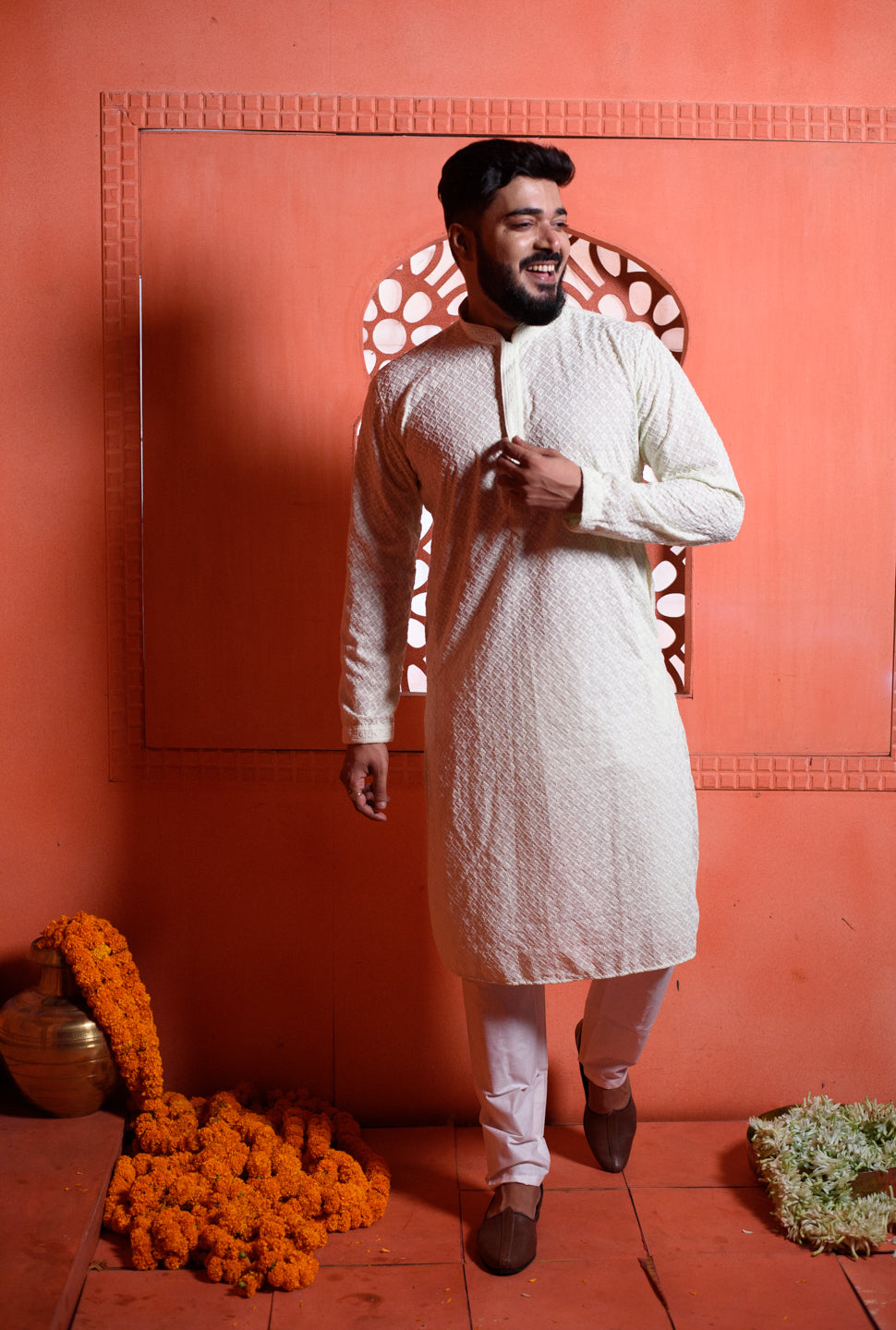 Panna Patta | Mint Green Cotton | Elegance Men's Lakhnavi Chikankari | Mandarin Collar Kurta