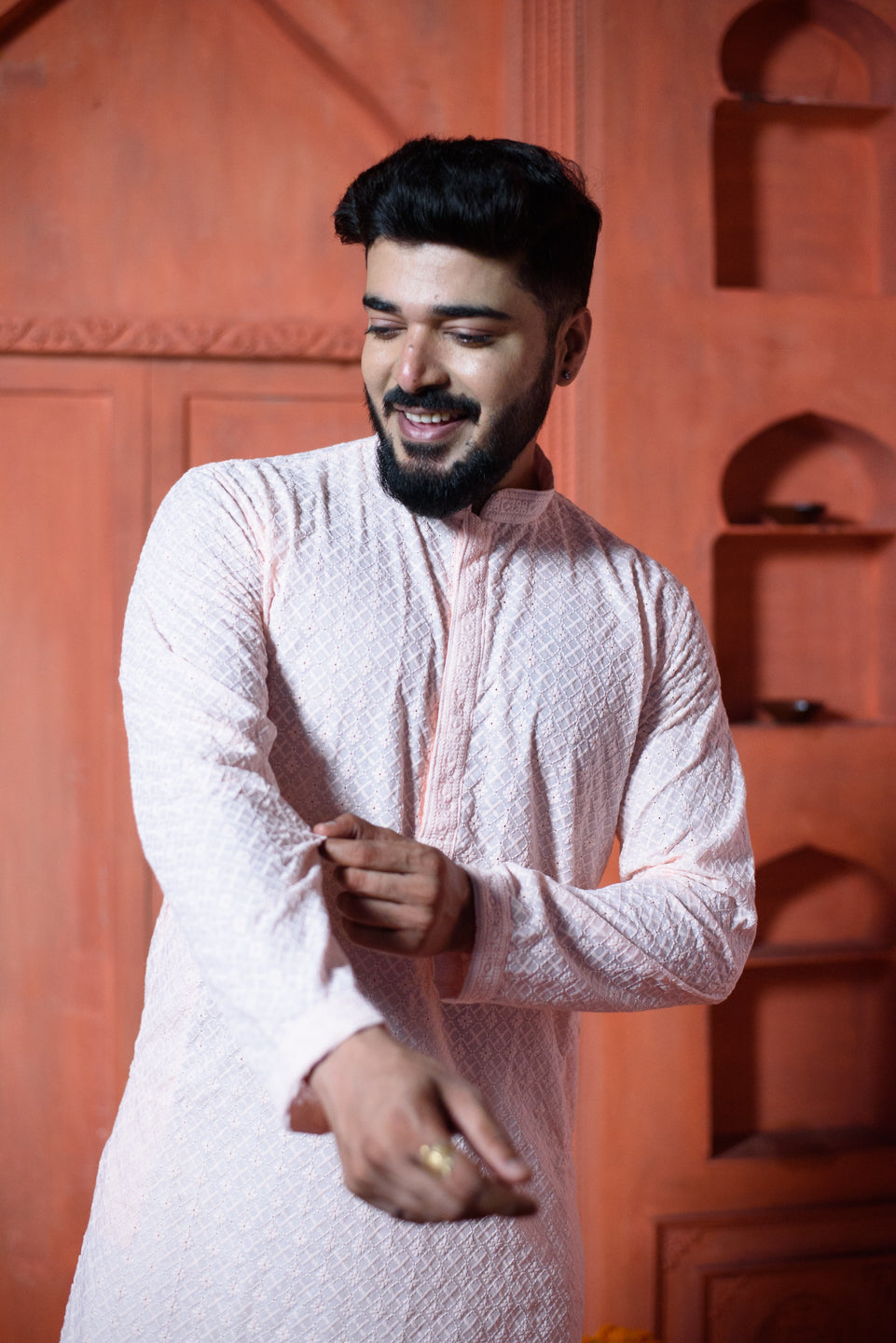 Gulab Jaal | Pink Cotton | Elegance Men's Lakhnavi Chikankari | Mandarin Collar Kurta