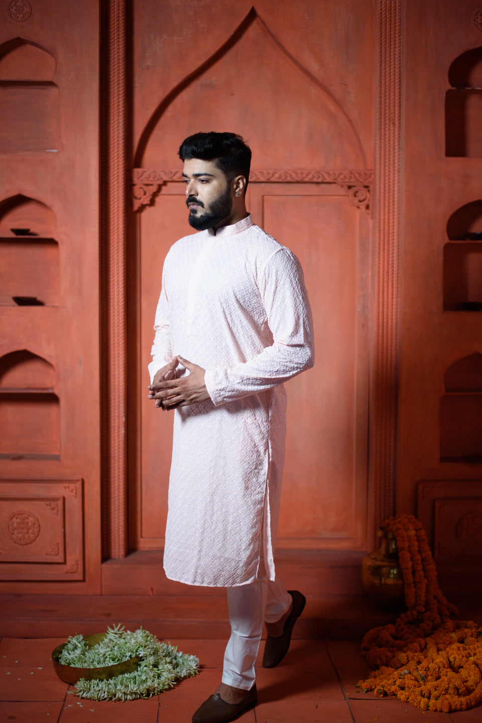 Gulab Jaal | Pink Cotton | Elegance Men's Lakhnavi Chikankari | Mandarin Collar Kurta