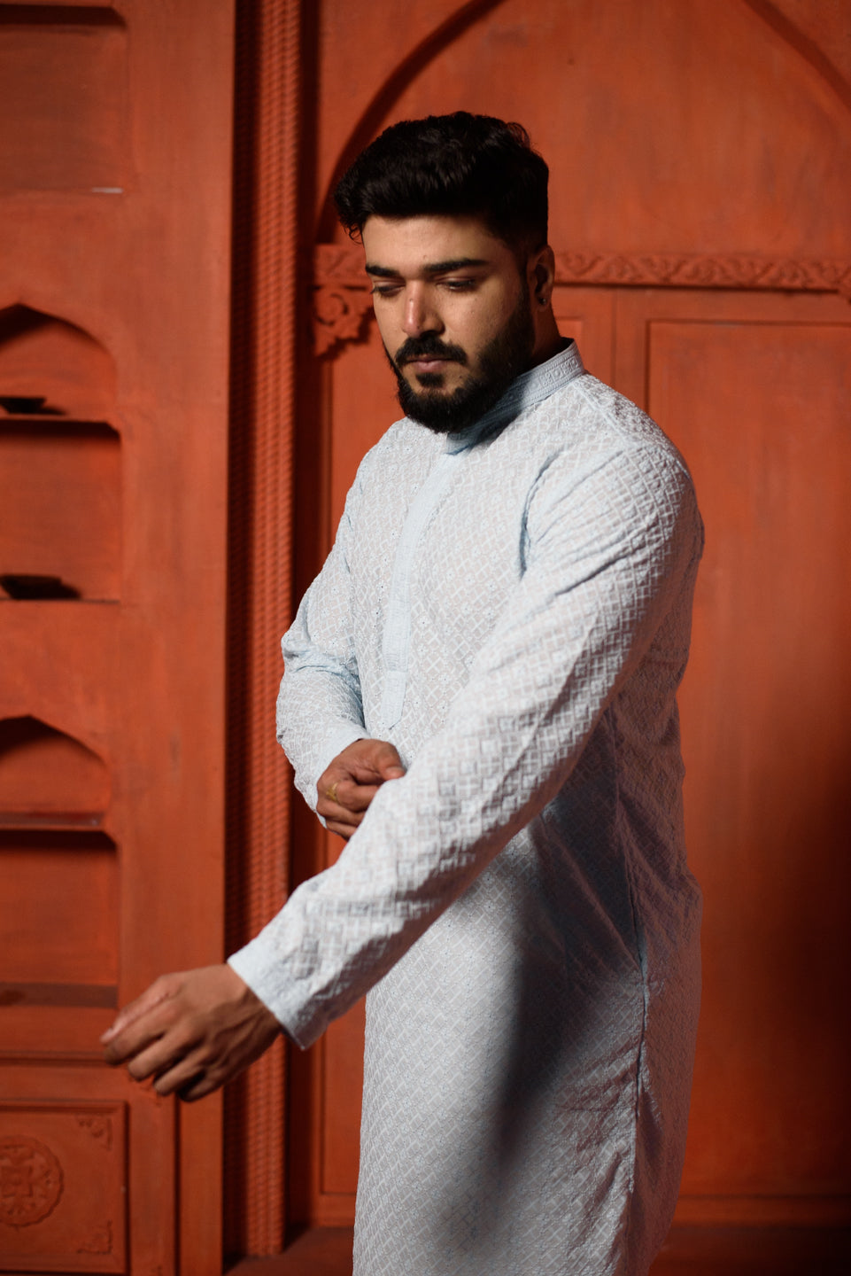 Neela Asman | Sky Blue Cotton | Elegance Men's Lakhnavi Chikankari | Mandarin Collar Kurta