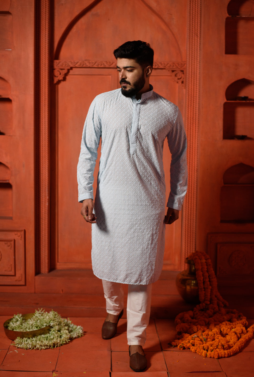 Neela Asman | Sky Blue Cotton | Elegance Men's Lakhnavi Chikankari | Mandarin Collar Kurta