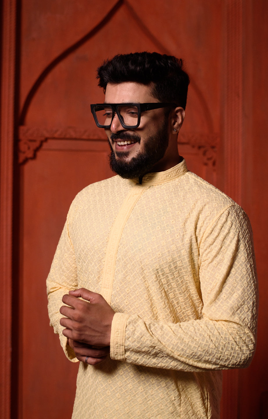 Peeli Dhoop | Yellow Cotton | Elegance Men's Lakhnavi Chikankari | Mandarin Collar Kurta