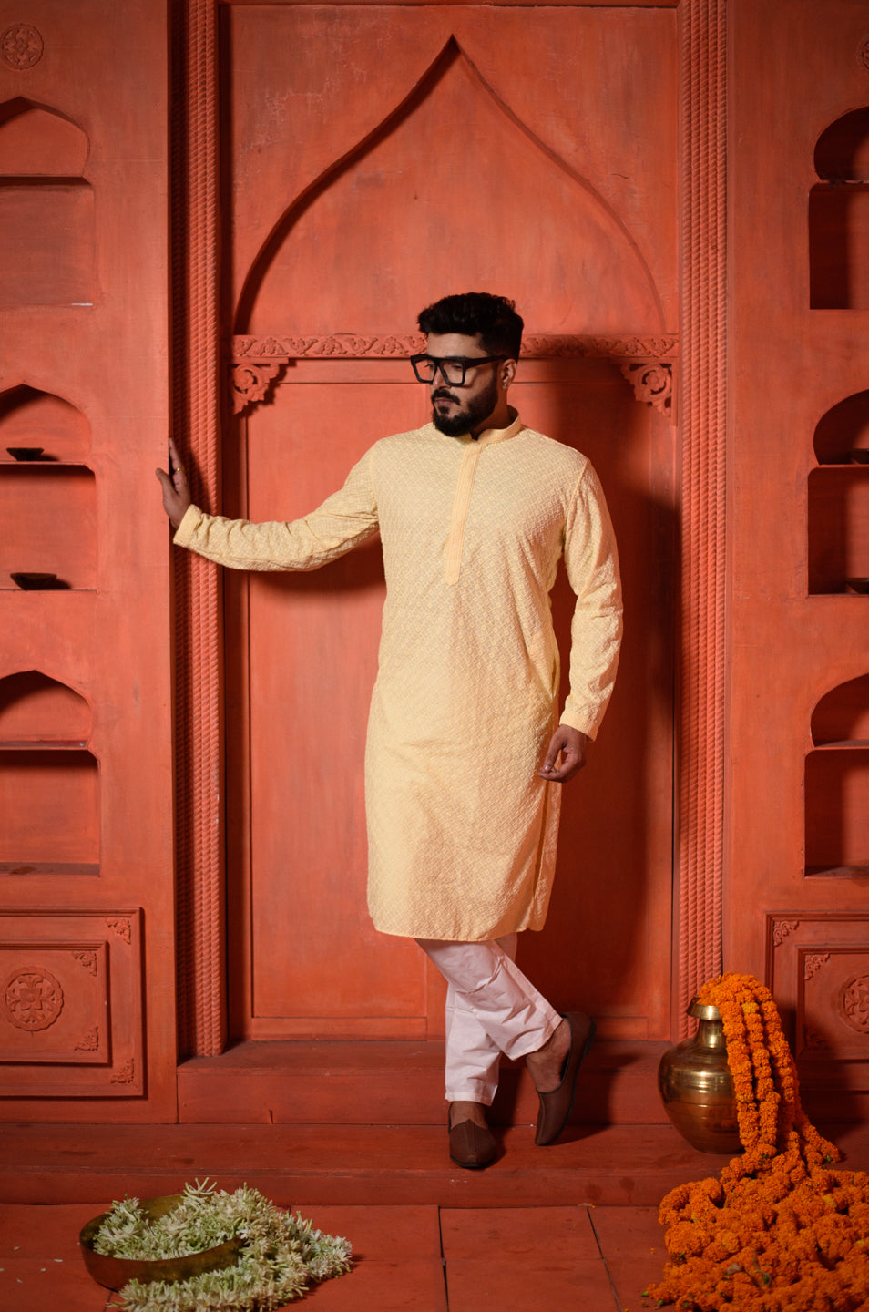 Peeli Dhoop | Yellow Cotton | Elegance Men's Lakhnavi Chikankari | Mandarin Collar Kurta