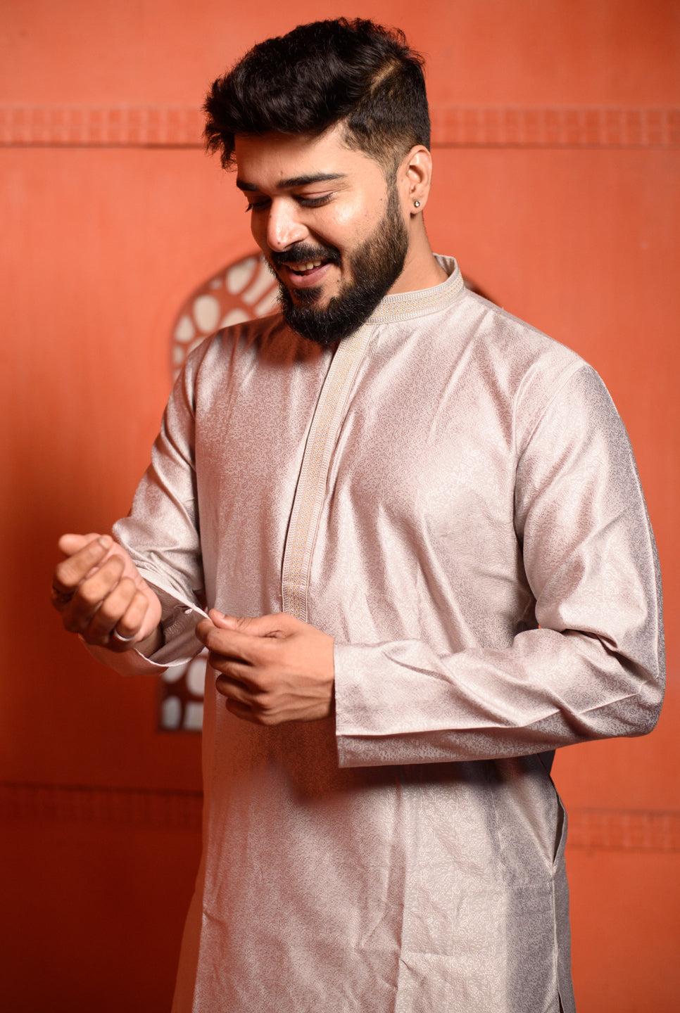 Quartz | Elegance White Jacquard Men's  | Mandarin Collar Kurta